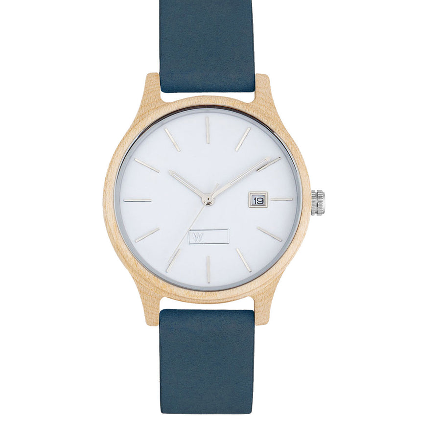 Relógio de Madeira | Woodz Vita Branco (Pulseira Couro Azul)