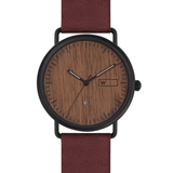 Relógio de Aço com Madeira | Woodz Ox Nut (Pulseira Couro Bordô)