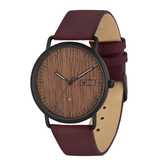 Relógio de Aço com Madeira | Woodz Ox Nut (Pulseira Couro Bordô)