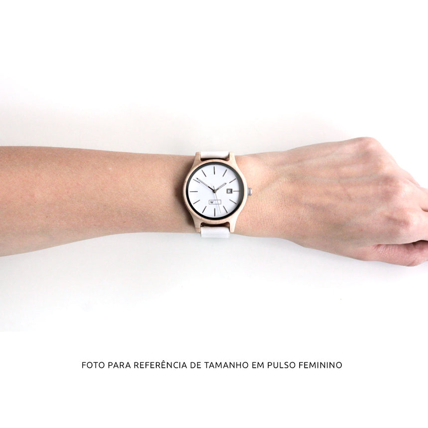 Relógio de Madeira | Woodz Vita Branco (Pulseira Couro Branco)