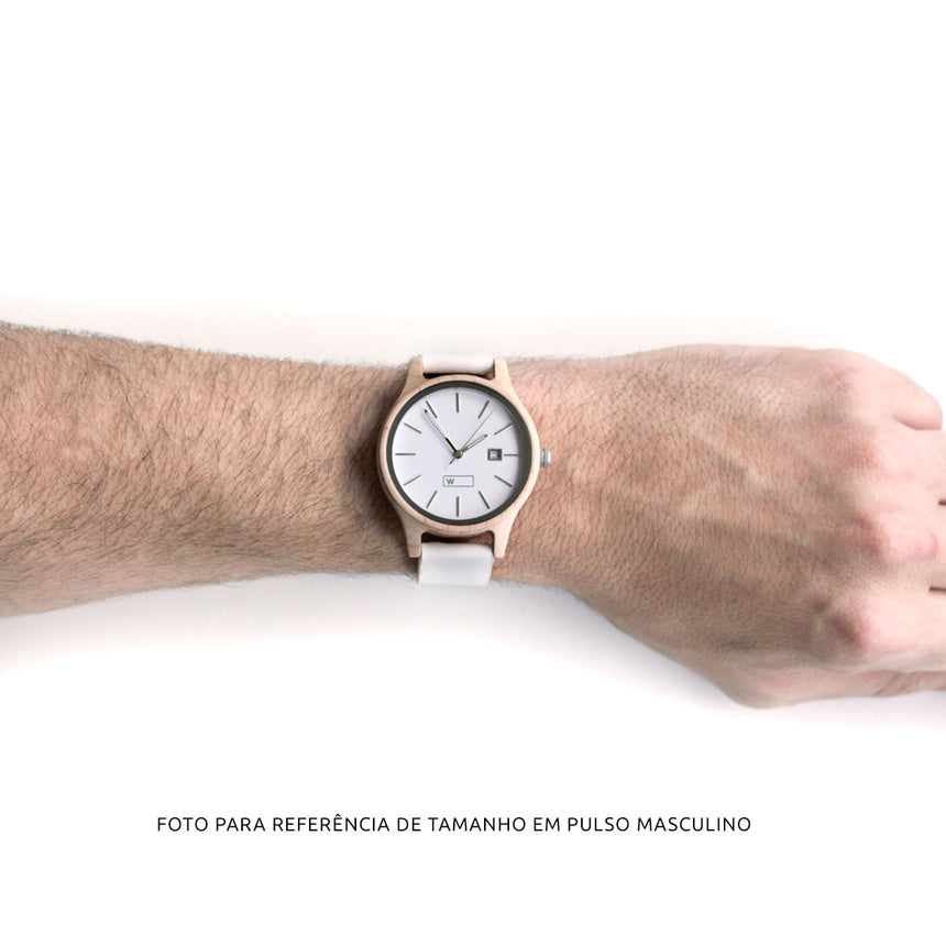 Relógio de Madeira | Woodz Vita Branco (Pulseira Couro Branco)