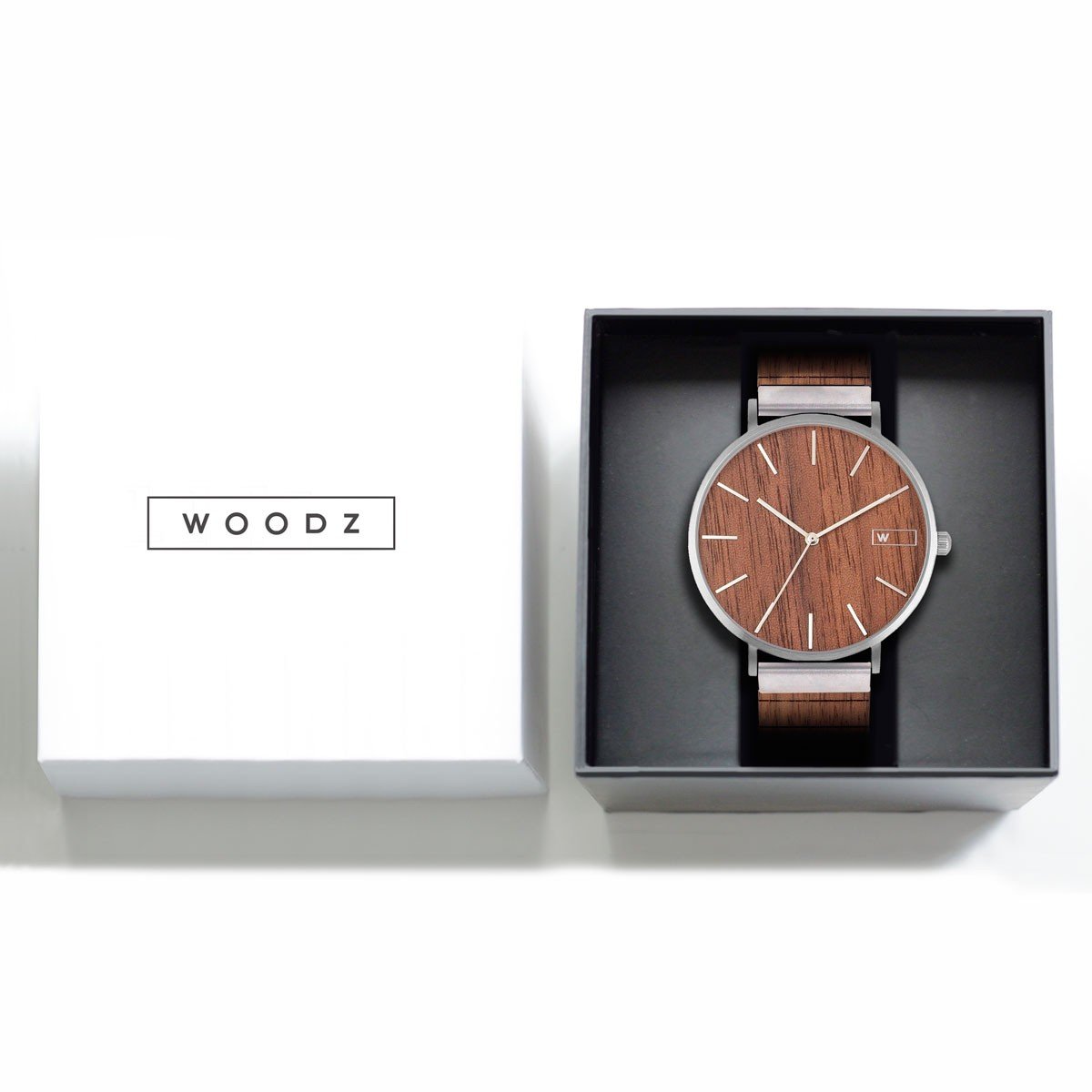 Steel & Wood Watch | Woodz Moon Silver Nut (Walnut Wood Strap)