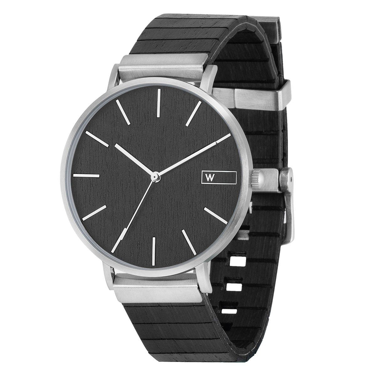 Steel & Wood Watch | Woodz Moon Silver Black (Ebony Wood Strap)