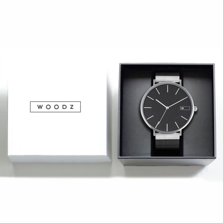Steel & Wood Watch | Woodz Moon Silver Black (Ebony Wood Strap)