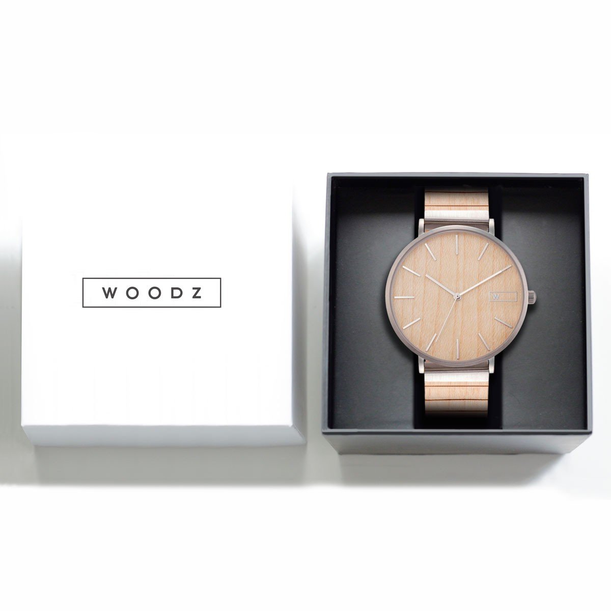 Steel & Wood Watch | Woodz Moon Silver Natura (Maple Wood Strap)